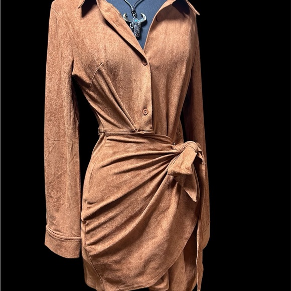 Vegan Rust Suede Wrap Tie Front Mini Dress - Picture 11 of 12